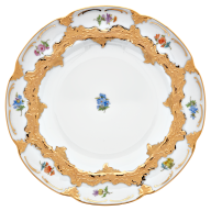 Speiseteller, Form "B-Form", Gestreute Blümchen, bunt, Goldbronze, leicht, Ø 22 cm