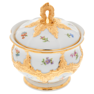 Zuckerdose, Form "B-Form", Gestreute Blümchen, bunt, Goldbronze, leicht, H 12 cm