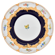Speiseteller, Form "B-Form", gestreute Blümchen, königsblau glasiert, Goldbronze, ø 28 cm