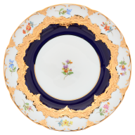 Brotteller, Form "B-Form", gestreute Blümchen, königsblau glasiert, Goldbronze, Ø 15,5 cm