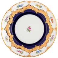 Vorspeise- und Dessertteller, Form "B-Form", gestreute Blümchen, königsblau glasiert, Goldbronze, Ø 20 cm