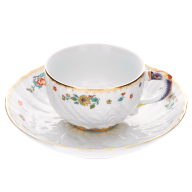 Kaffeetasse, Form "Schwanendessin", Indische Blumenzweige, gestreute Blümchen, Goldkante, Goldrand, V 0,14 l