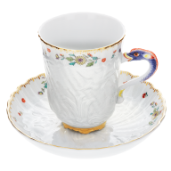 Kaffeetasse, Form "Schwanendessin", Indische Blumenzweige, gestreute Blümchen, Goldkante, Goldrand, V 0,15 l