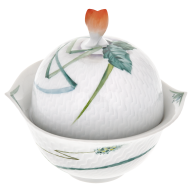 Zuckerdose, Form "Wellenspiel Relief", Waldflora mit Insekten, bunt, weißer Rand, V 0,2 l