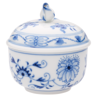 Zuckerdose, Form "Neuer Ausschnitt", Zwiebelmuster, kobaltblau, weißer Rand, Ø 9 cm