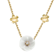 Collier Royal Blossom Bouquet, 750 Gelbgold, 7 Blüten XS/S/M, 1 Porzellanblüte M, 1 Brillant 0,04 ct, TW, VSI, Vollschliff Gut, 2