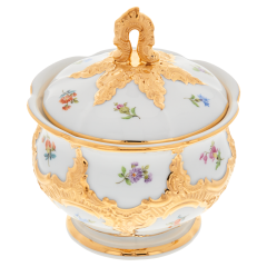 Zuckerdose, Form "B-Form", Gestreute Blümchen, bunt, Goldbronze, leicht, H 12 cm