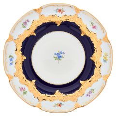 Speiseteller, Form "B-Form", gestreute Blümchen, königsblau glasiert, Goldbronze, Ø 22 cm