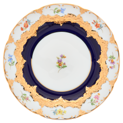 Brotteller, Form "B-Form", gestreute Blümchen, königsblau glasiert, Goldbronze, Ø 15,5 cm