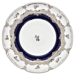 Soup Plate, Shape "B-Form", Strewn Roses, white-grey, royal blue, shiny platinum, ø 24 cm