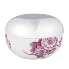 Dose mit versilbertem Deckel, Silbermanufaktur SonjaQuandt, Blütenimpressionen, purpur, Ø 9 cm