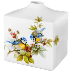 Vase, Shape "MEISSEN® Cosmopolitan", Bird painting, 3 Blue Tits on branch of rasberry, H 13 cm