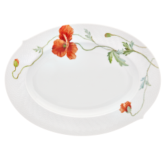 Platte, oval, Form "Wellenspiel Relief", Blumenmalerei "Wilder Mohn", rot, weißer Rand, L 35 cm