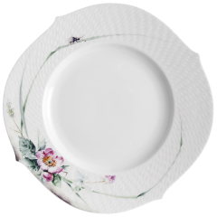 Speiseteller, Form "Wellenspiel Relief", Waldflora mit Insekten, bunt Motiv: Heckenrose, Ø 28,5 cm