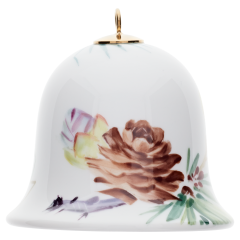 Miniatur-Glocke, Waldflora mit Insekten, Lärchenzapfen, weißer Rand, H 5 cm