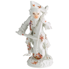 Affenkapelle Baßgeiger, Chinoiserien nach Hoeroldt, bunt mit Kupferfarben,, H 13 cm