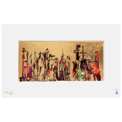 Wandbild, "Figurationen vor Gold", farbig mit Gold, Unterschrift J.Danielczyk, 21,5 x 35 cm