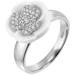 Ring 54 mm, 750 white gold, porcelain blossom, 33 Brill each 0,0046 ct VS fw, 15 Brill each 0,0034 ct VS fw, 1 Brill 0,021ct