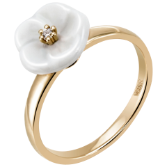Ring Royal Blossom Basic, 750 Gelbgold, 1 Porzellanblüte S mit 1 Brillant 0,02 ct, TW, VSI, Vollschliff Gut
