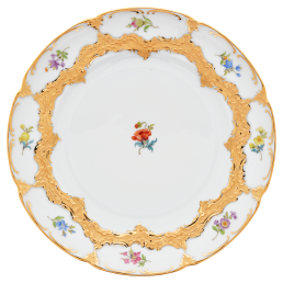 Vorspeise- und Dessertteller, Form "B-Form", Gestreute Blümchen, bunt, Goldbronze, leicht, Ø 20 cm