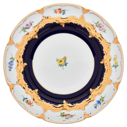 Speiseteller, Form "B-Form", gestreute Blümchen, königsblau glasiert, Goldbronze, ø 28 cm