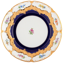 Starter- and Dessert Plate, Shape "B-Form", strewn flowers, royal blue ground, bronze coloured, Ø 20 cm