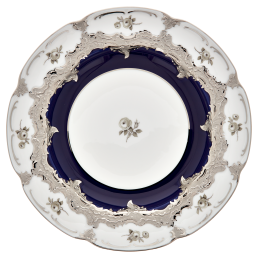 Dinner Plate, Shape "B-Form", Strewn Roses, white-grey, royal blue, shiny platinum, Ø 22 cm