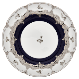 Dinner Plate, Shape "B-Form", Strewn Roses, white-grey, royal blue, shiny platinum, ø 28 cm