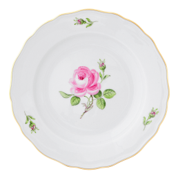 Speiseteller, Form "Neuer Ausschnitt", Rose mitte, bunt, Goldrand, Ø 28 cm