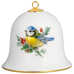 Miniatur-Glocke, Vintage Vogelmalerei, Blaumeise, Goldrand, H 5 cm