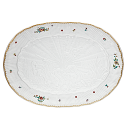 Platte, oval, Form "Schwanendessin", Indische Blumenzweige, gestreute Blümchen, Goldkante, Goldrand, L 34 cm