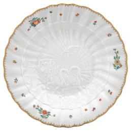 Suppenteller, Form "Schwanendessin", Indische Blumenzweige, gestreute Blümchen, Goldkante, Goldrand, ø 25 cm