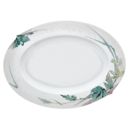 Platte, oval, Form "Wellenspiel Relief", Waldflora mit Insekten, bunt, weißer Rand, L 35 cm