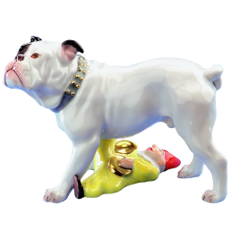 Hund Bulldogge mit Puppe, Bunt und gold staffiert