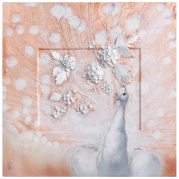 Wandbild Pfau mit Schneeballblüten, Lim. 25, 35 x 35 cm