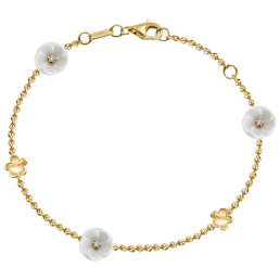 Armband Royal Blossom Bouquet, 750 Gelbgold, 5 Blüten S/XS, 3 Porzellanblüten S, 3 Brillanten 0,06 ct, TW, VSI, Vollschliff Gut, 2